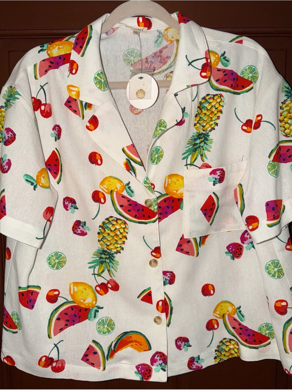 En Crème Fruit Print Button Front Shirt Women’s Large NWT Resort Vacation Top